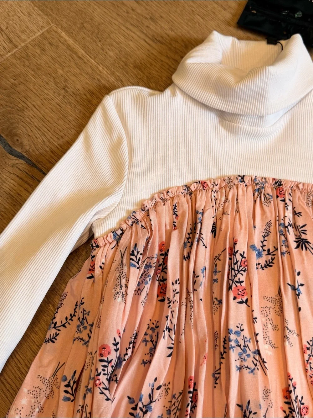 Caroline Bosmans girls White Turtleneck with Pink Floral Pleated Dress